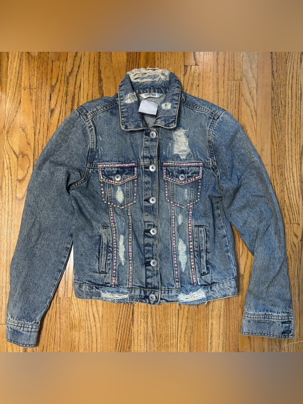 Highway Jeans Distressed Blue Denim Jacket with Pink Stud Trim “Mama” Size M